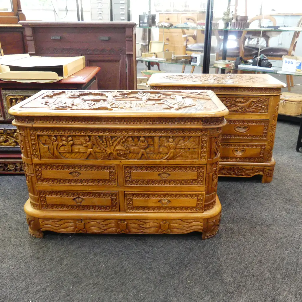 NEAR PAIR CARVED CAMPHOR BEDSIDE DRAWERS Image 1++