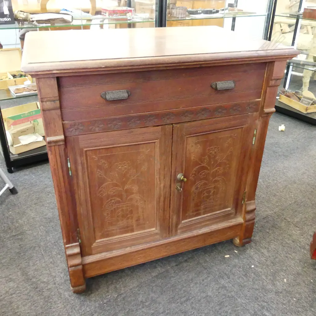 VINTAGE ORIENTAL HARDWOOD SIDE CABINET 1 DRAWER 2 DOORS 760 x 500 x 805mm Image 1++
