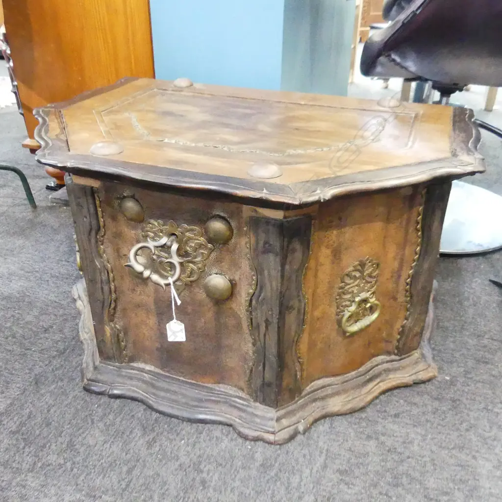 ANTIQUE INDO-DUTCH HINGED LID FANCY CARVED WALNUT TRUNK  5 serpentine panels brass fittings 760 x 530 x 405mm. Image 1++