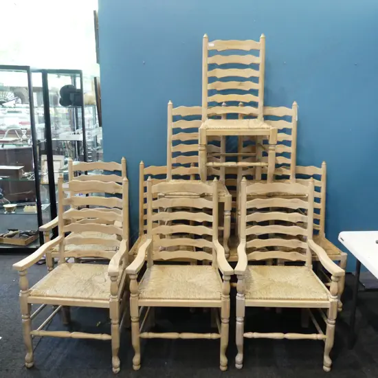 10 WHITE OAK LADDER BACK DINING CHAIRS, RUSH SEATS, 3 ARE CARVERS