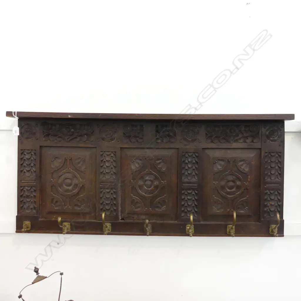 CARVED OAK PANEL WITH BRASS COATHOOKS L1M100MM H500MM Image 1++