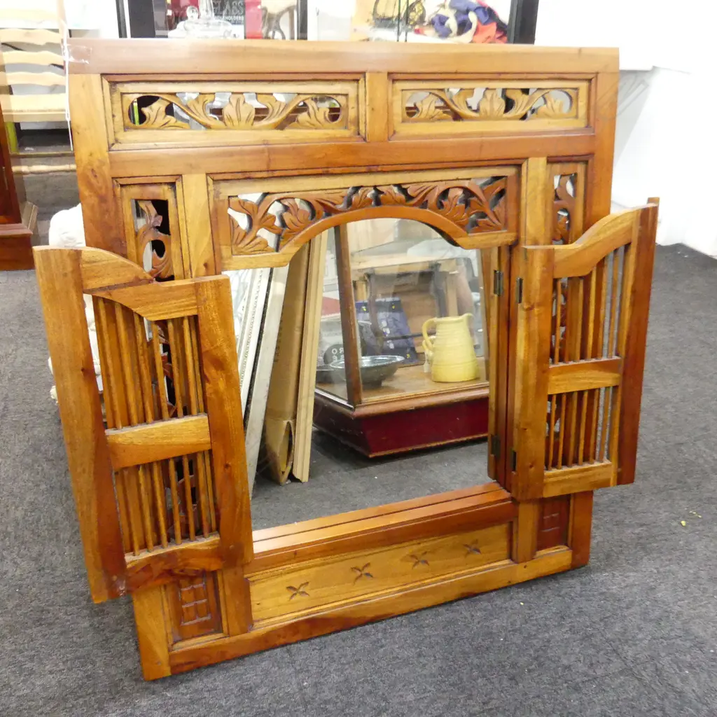ORIENTAL WOODEN SHUTTERED MIRROR 900x800mm Image 1++