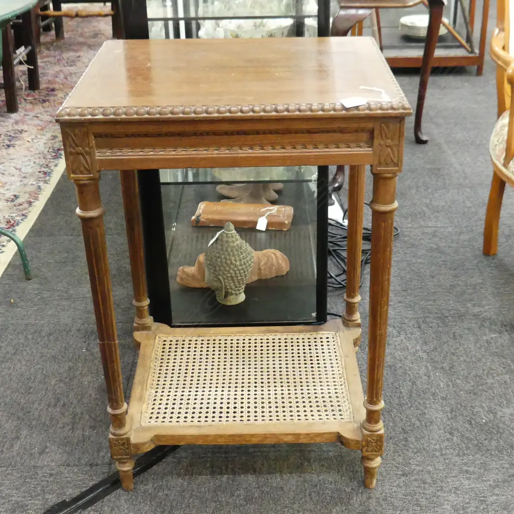 VINTAGE HARDWOOD CARVED SIDE TABLE W CANED LOWER SHELF 500x 420x 730mm Image 1++
