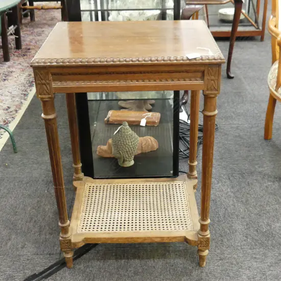 VINTAGE HARDWOOD CARVED SIDE TABLE W CANED LOWER SHELF 500x 420x 730mm