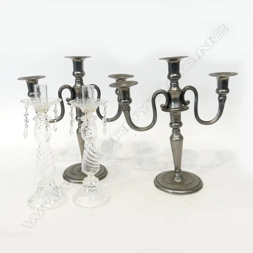 2 PRS CANDLESTICKS: PEWTER H.340mm, GLASS H.275mm Image 1++