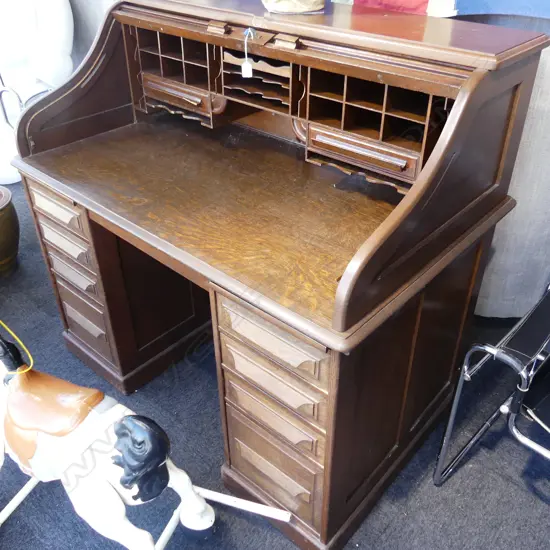 CUTLER TWIN PEDESTAL OAK ROLL TOP DESK 1270x785x1180mm