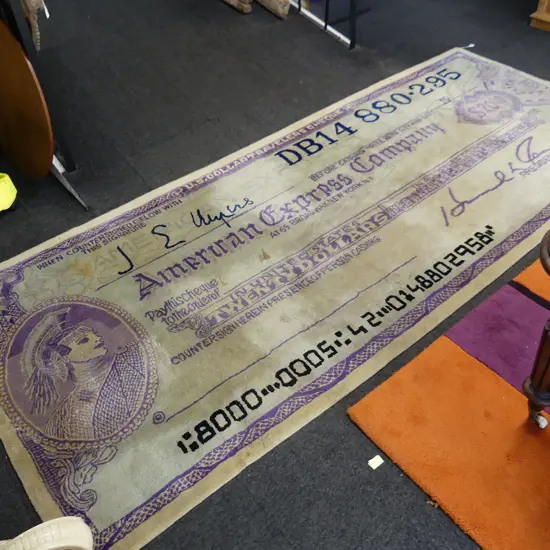 HANDMADE RUG 'AMERICAN EXPRESS COMPANY' CHEQUE 3120 x 1330mm some marks with BOOK