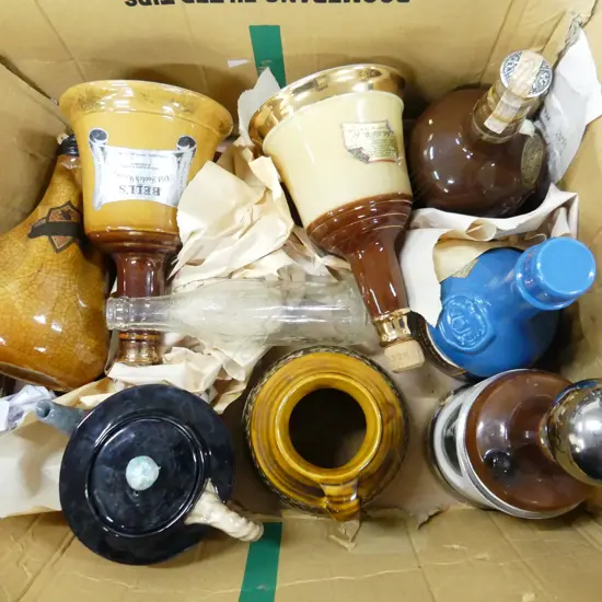BOX 6 POTTERY BELL'S & OTHER WHISKY DECANTERS + BESWICK character teapot & old G & M cordial glass bottle + vase West Ge