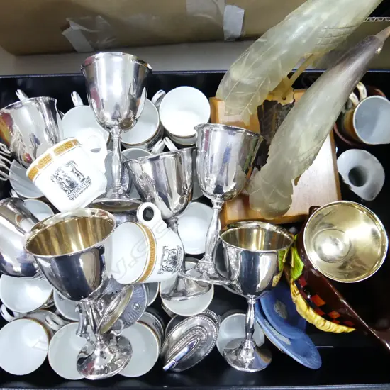 BOX LOT ASST.; APPROX 42 SMALL MUGS H.60mm, 8 EP GOBLETS