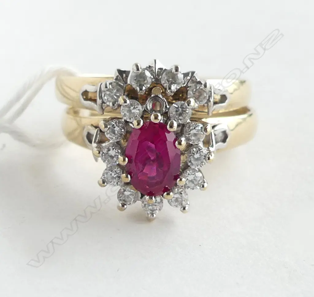 9ct SYNTHETIC RUBY & CZ RING SET 5.1gm (1 cz missing from main ring) SIZE T Image 1++