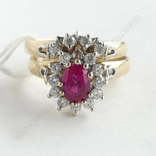 9ct SYNTHETIC RUBY & CZ RING SET 5.1gm (1 cz missing from main ring) SIZE T