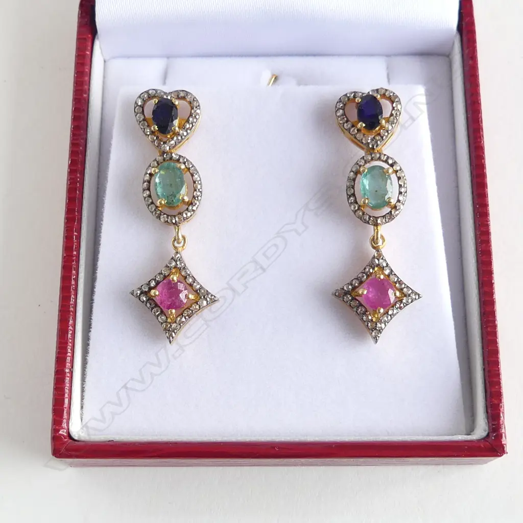 925 SILVER GOLD PLATED DIAMOND & GEM STONE DROP EARRINGS Image 1++