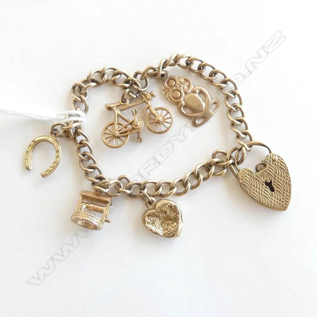 GOLD PLATED CHARM BRACELET  charms & padlock are 9CT gold include: hei tiki, bike, well. horse shoe 12.8gms Image 1++