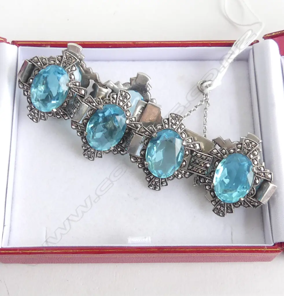 STG & BLUE GLASS STONE & MARQUSITE BRACELET 20CM Image 1++