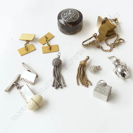 ASST. ITEMS: stg SILVER CUFFLINKS. stg PENDANT gold plate fob seal ETC