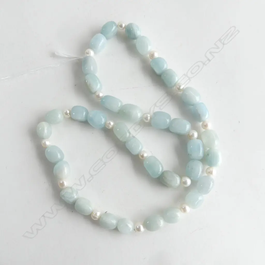 STRING AQUAMARINE & FRESH WATER PEARL 60CM LONG Image 1++
