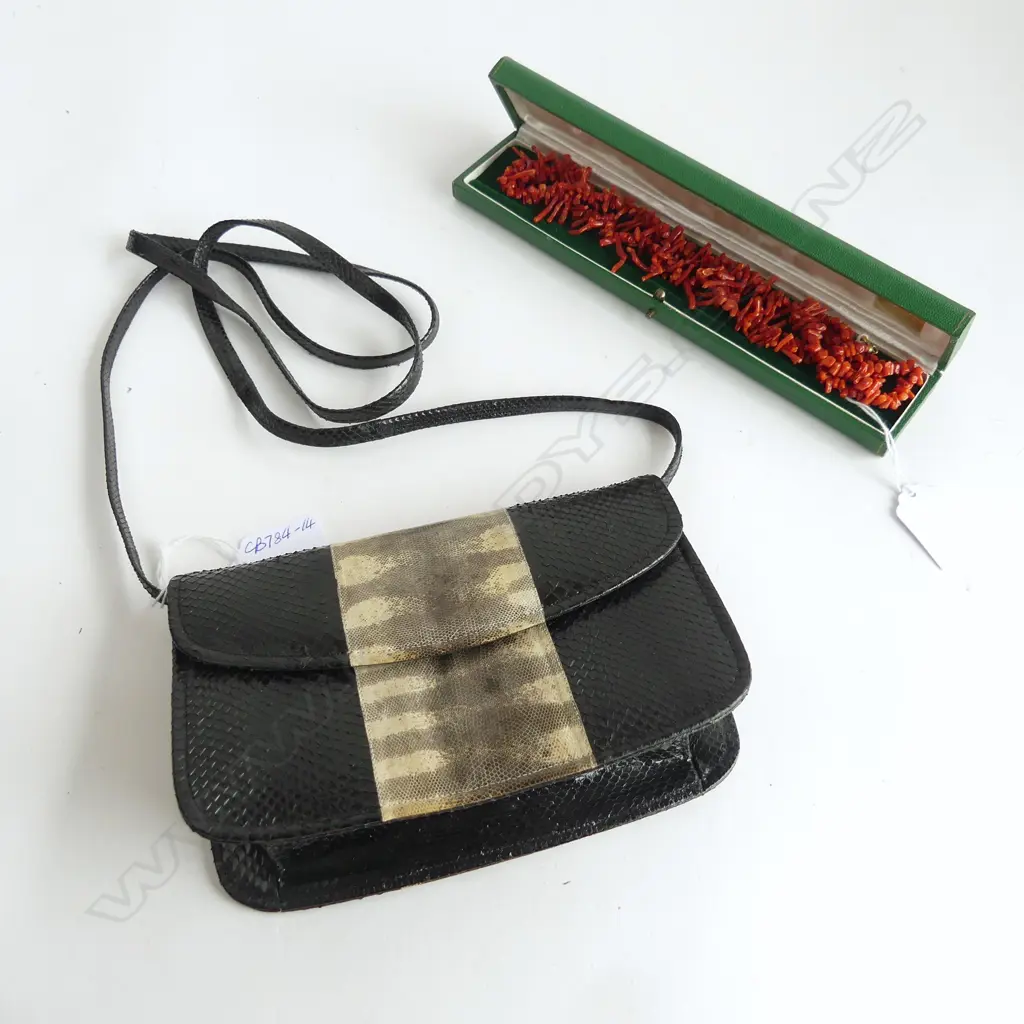 CORAL NECKLACE 68CM LONG & SMALL SNAKESKIN EVENING BAG Image 1++