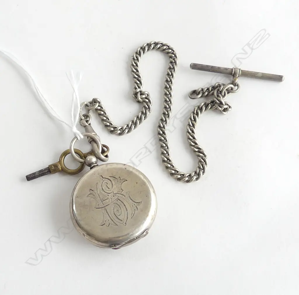 S/SILVER OPEN FACED POCKET WATCH  KEY & CHAIN Image 1++