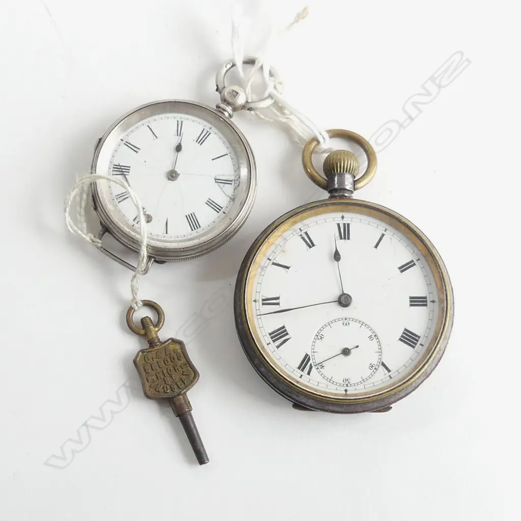 S/SILVER OPEN FACED POCKET WATCH& KEY WITH A STEEL CASED POCKET WATCH FAULTS Image 1++