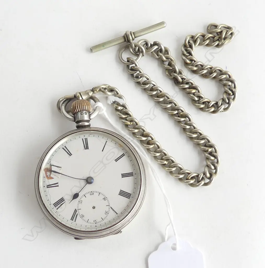 S/SILVER OPEN FACED POCKET WATCH & MEXICAN CHAIN FAULTS Image 1++