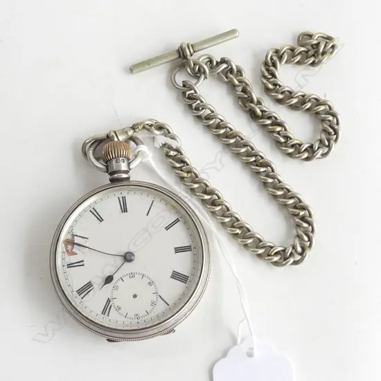 S/SILVER OPEN FACED POCKET WATCH & MEXICAN CHAIN FAULTS