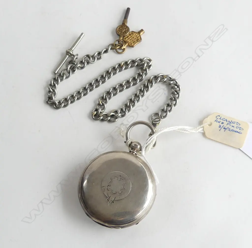 S/SILVER OPEN FACE POCKET WATCH & KEYS ON CHAIN Image 1++