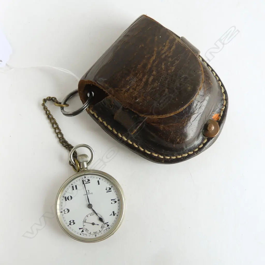 OMEGA GENTS OPEN FACE POCKET WATCH running IN LEATHER BELT MOUNTING CASE Image 1++
