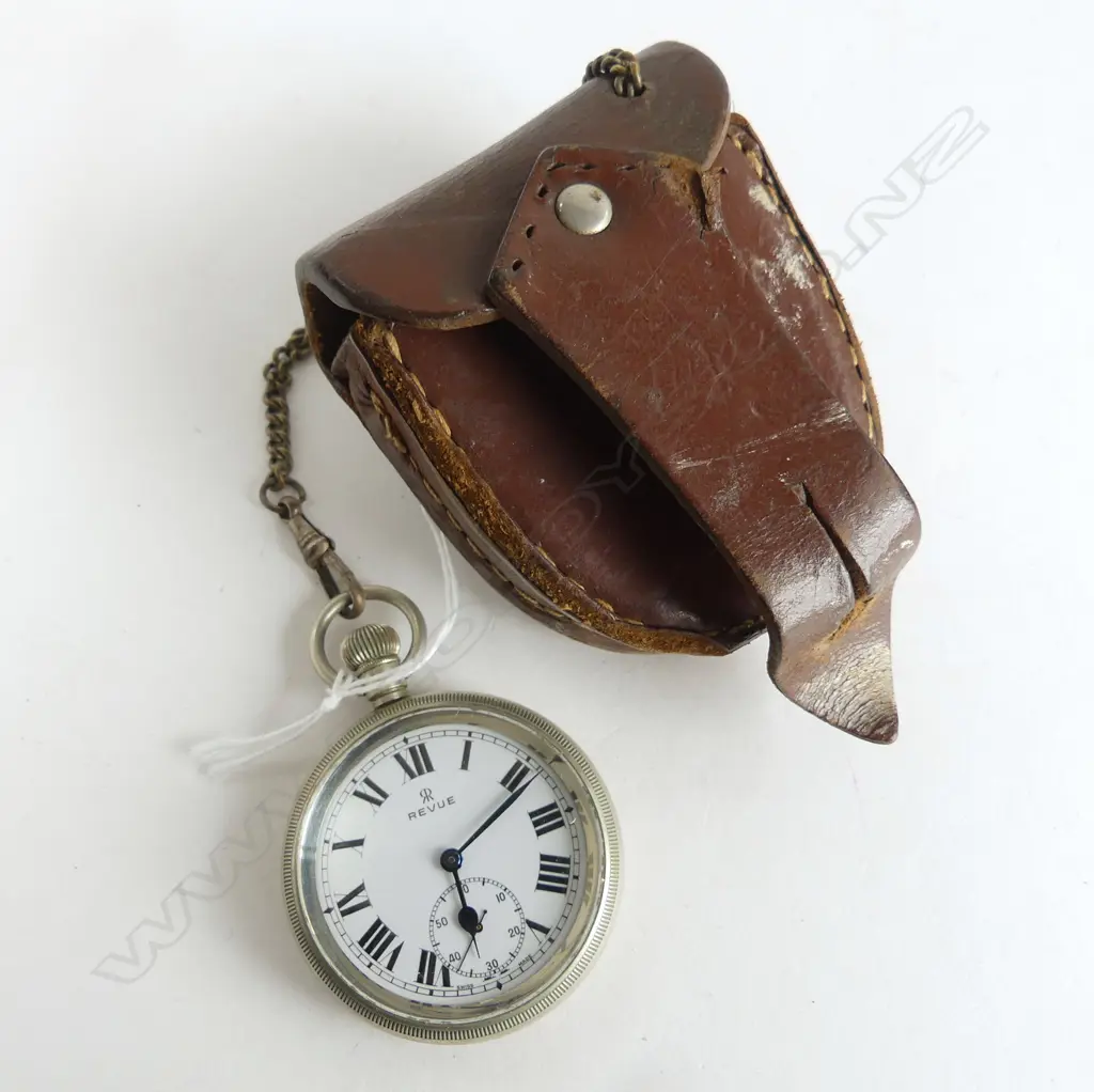 EARLY 20thC 'REVUE' WHITE METAL OPEN FACE POCKET WATCH running IN leather pouch case - belt fitting  Image 1++