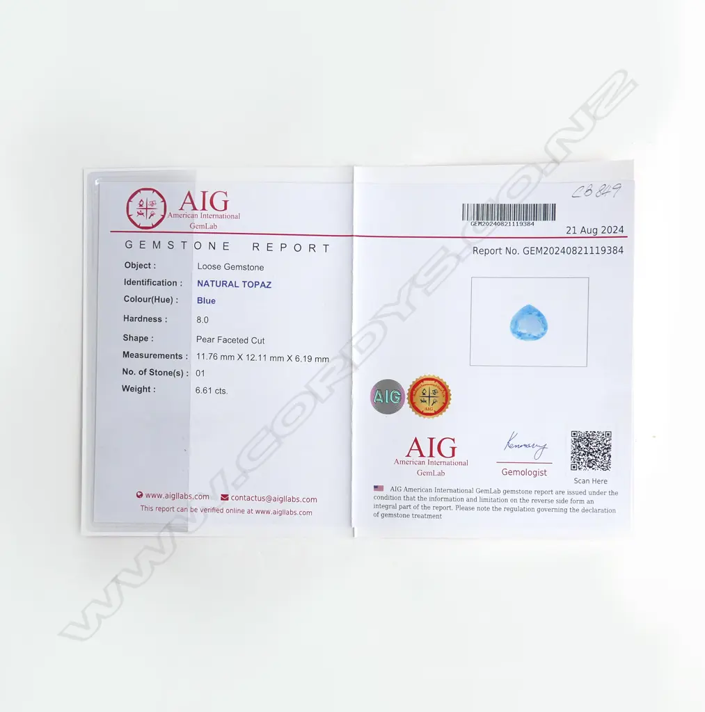 PEAR CUT BLUE TOPAZ 6.61cts AIG REPORT Image 1++