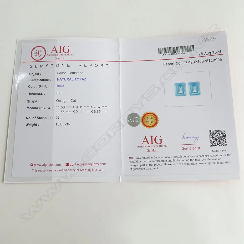 PR BLUE TOPAZ OCTAGON CUT 13.85ct, AIG REPORT Image 1++