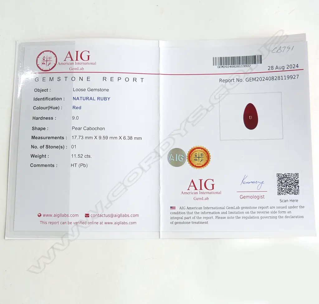 RUBY PEAR CABOCHON 11.52ct, AIG REPORT Image 1++