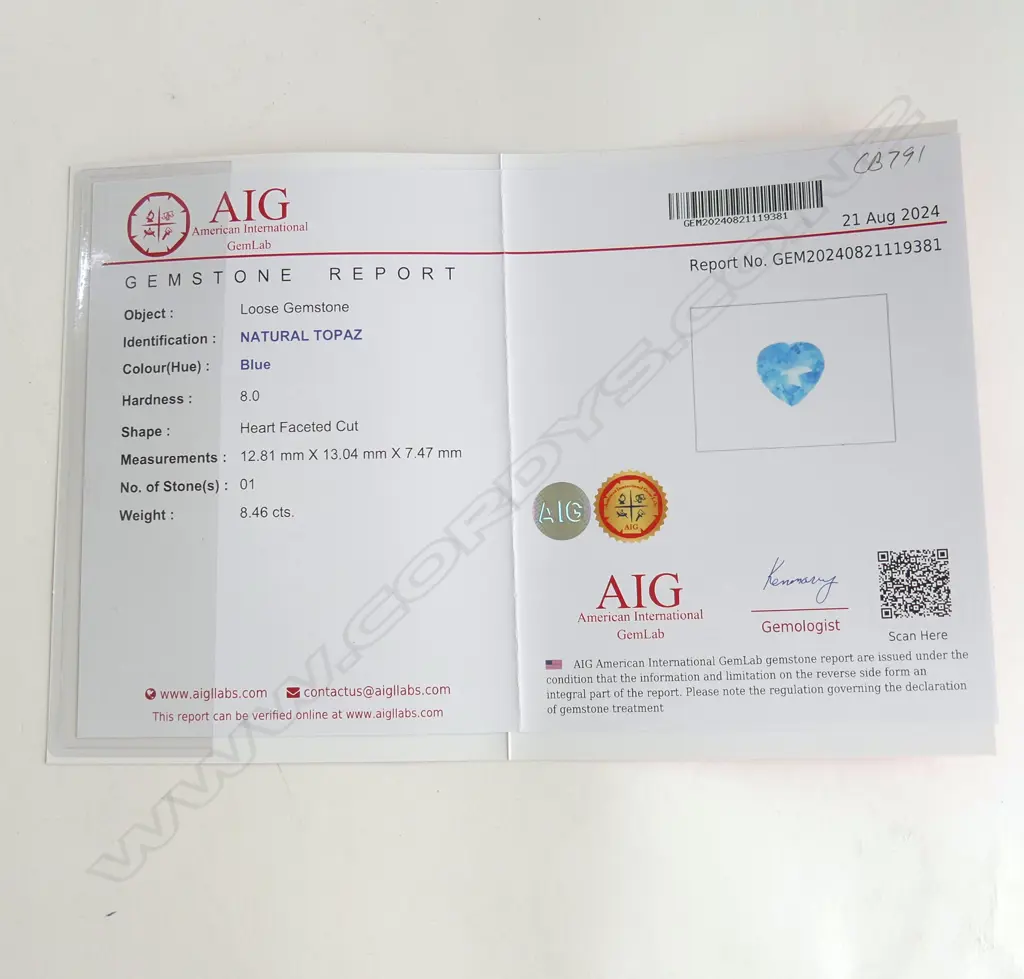 BLUE TOPAZ HEART FACETED CUT 8.46ct, AIG REPORT Image 1++