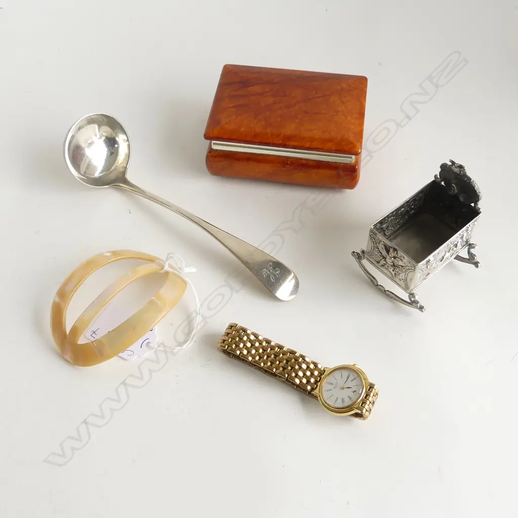 5 PCES; 925 SILVER CRADLE & LADLE 86gms, ALABASTER BOX (AF), GP SEIKO WATCH, MoP BUCKLE Image 1++