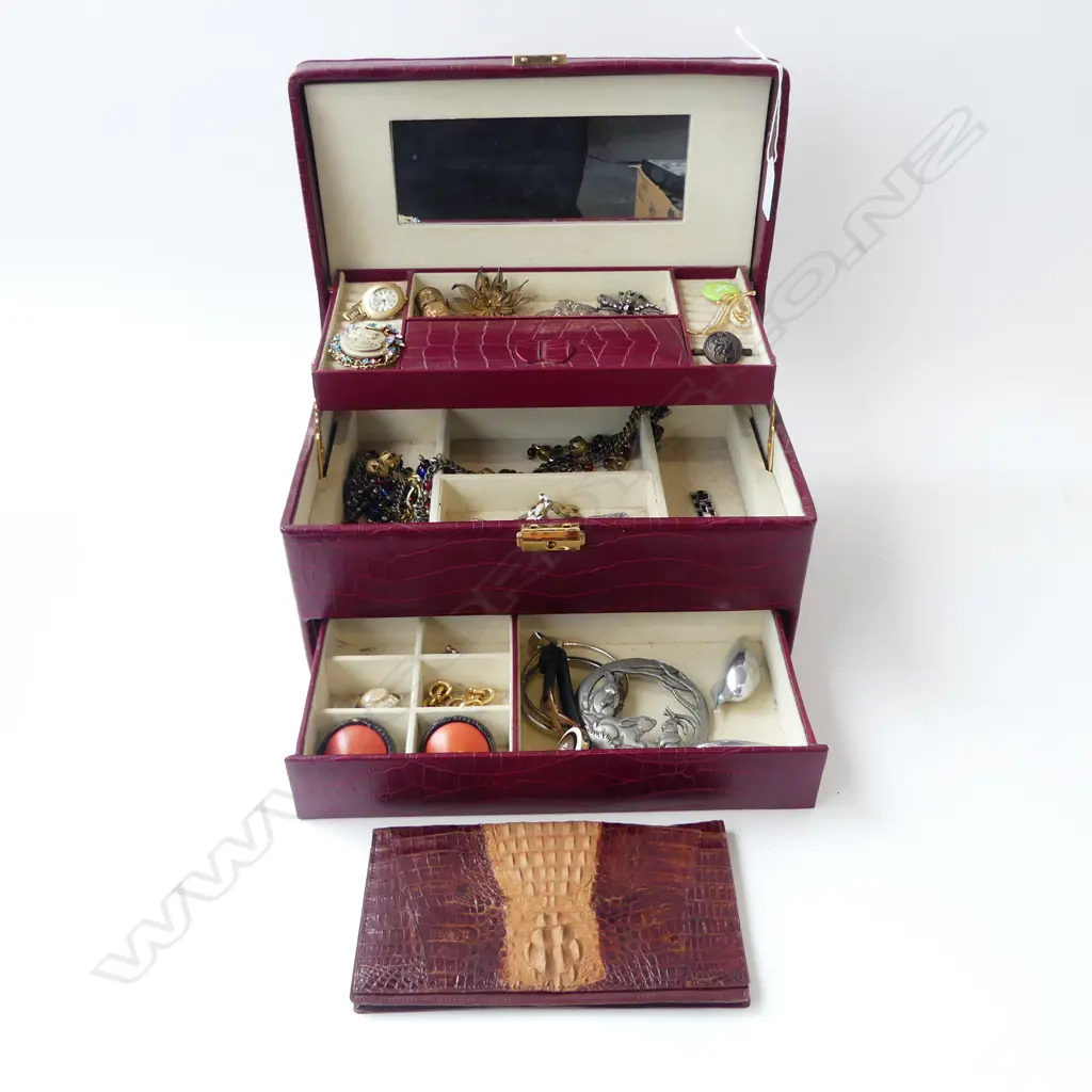 RED FAUX CROC JEWELLERY BOX & CONTENTS W.305mm + CROC WALLET Image 1++
