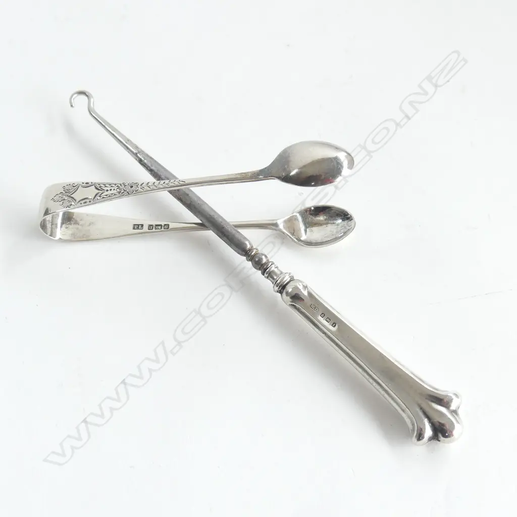 S/SILVER SUGAR TONGS & BUTTON HOOK  Image 1++