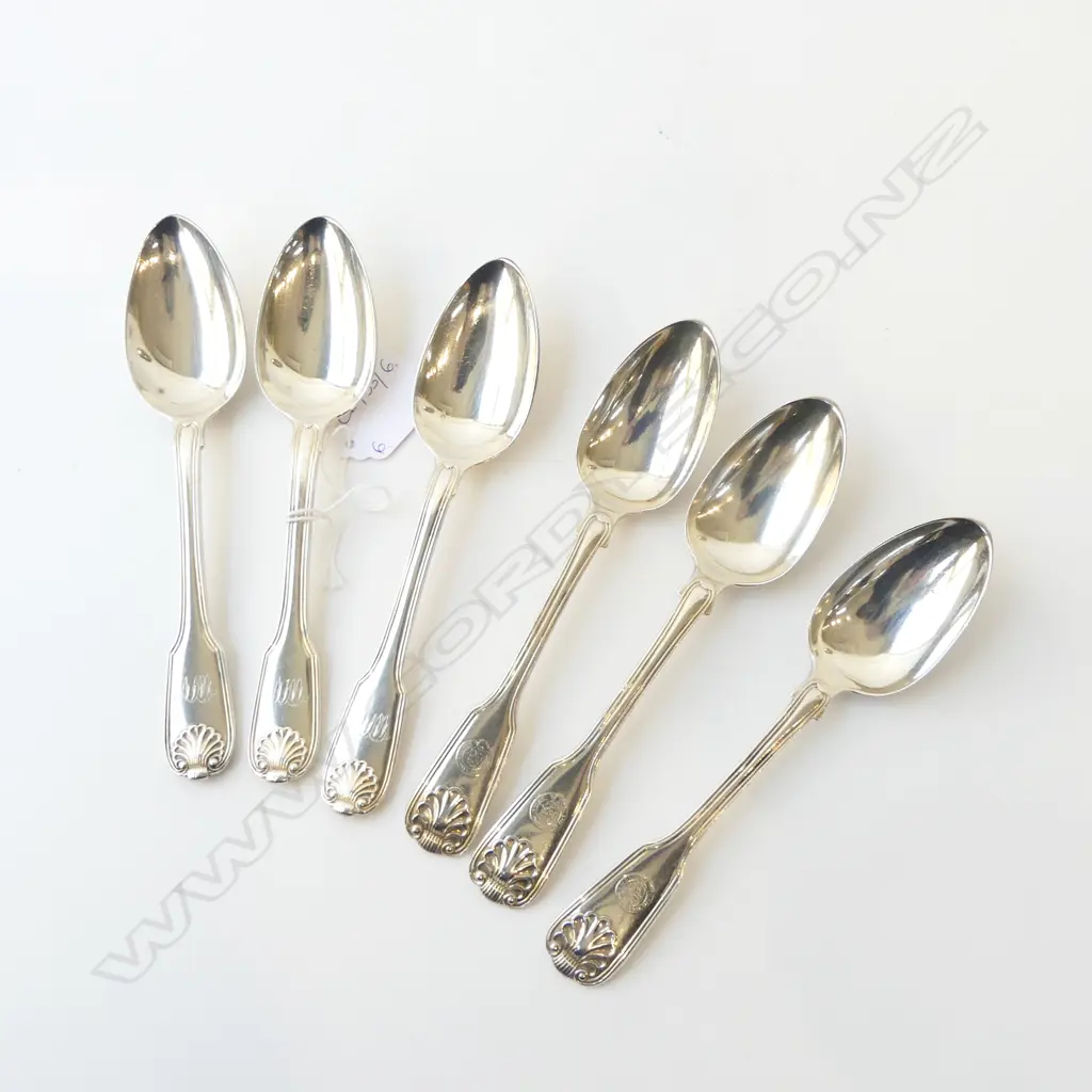 6 STG SILVER FIDDLE, THREAD & SHELL DESSERT SPOONS (LONDON, 3x 1843, 3x 1807) 363grms Image 1++