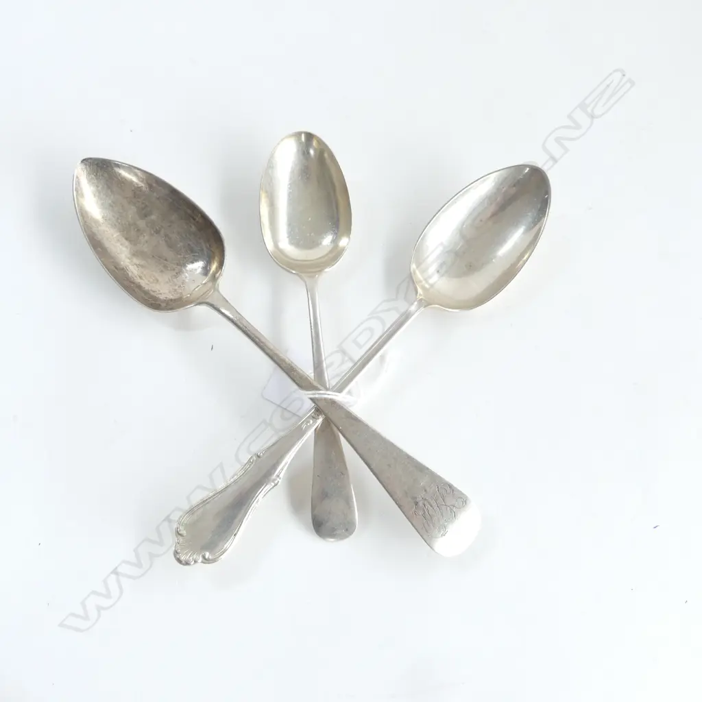 3 SILVER TABLE SPOONS: London 1814. Sheffield 1924 & 1967. 194gms. 1 small fault Image 1++