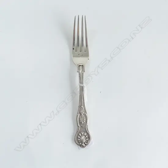 An early Victorian period crested double struck King's pattern silver table fork. London 1844 by Samuel Hayne & Dudley C