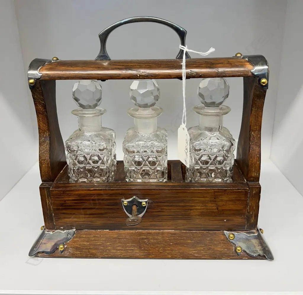 UNCOMMON SMALL EDWARDIAN 3 BOTTLE TANTALUS liquor or perfume ?  oak & s/plate w key Image 1++