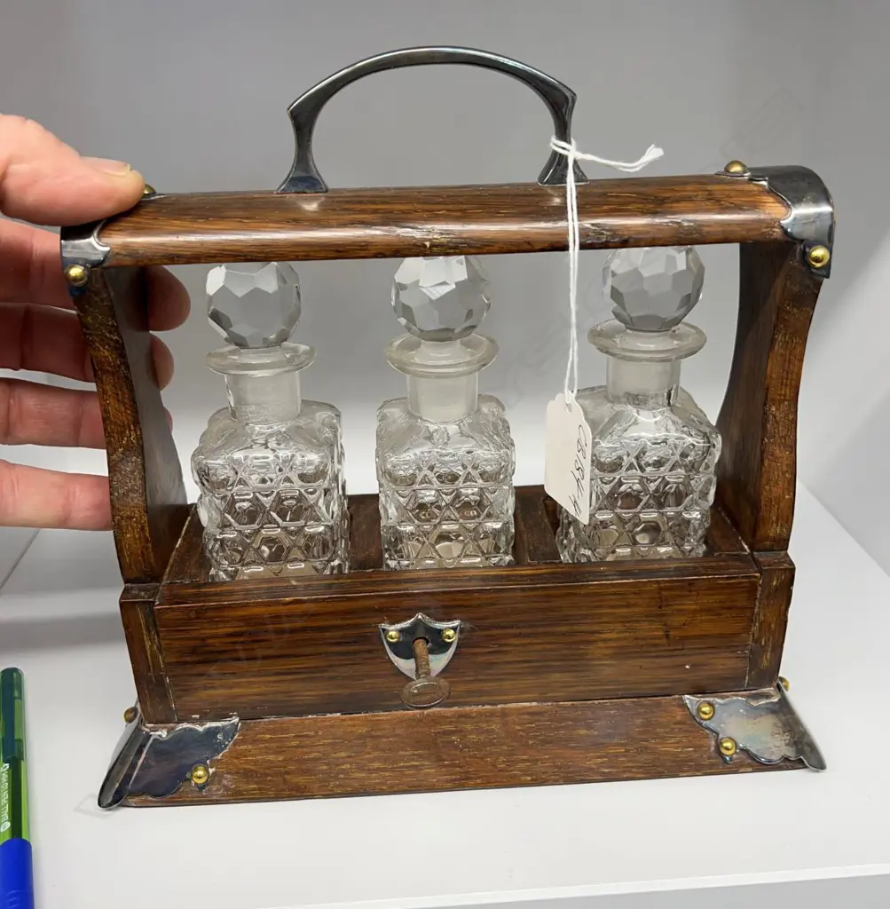 UNCOMMON SMALL EDWARDIAN 3 BOTTLE TANTALUS liquor or perfume ?  oak & s/plate w key Image 1++