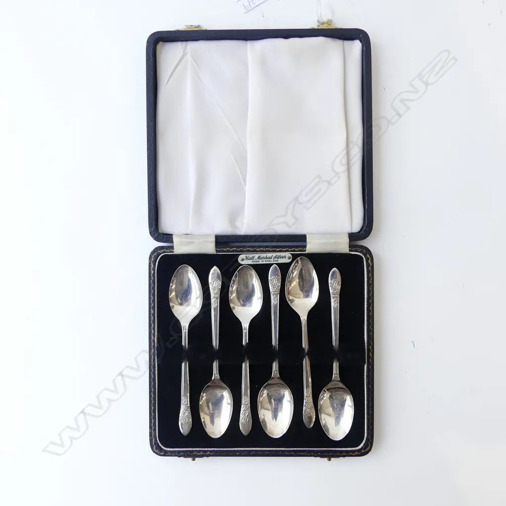 SET OF 6 STG SILVER TEA SPOONS, 74gms, CASED Image 1++