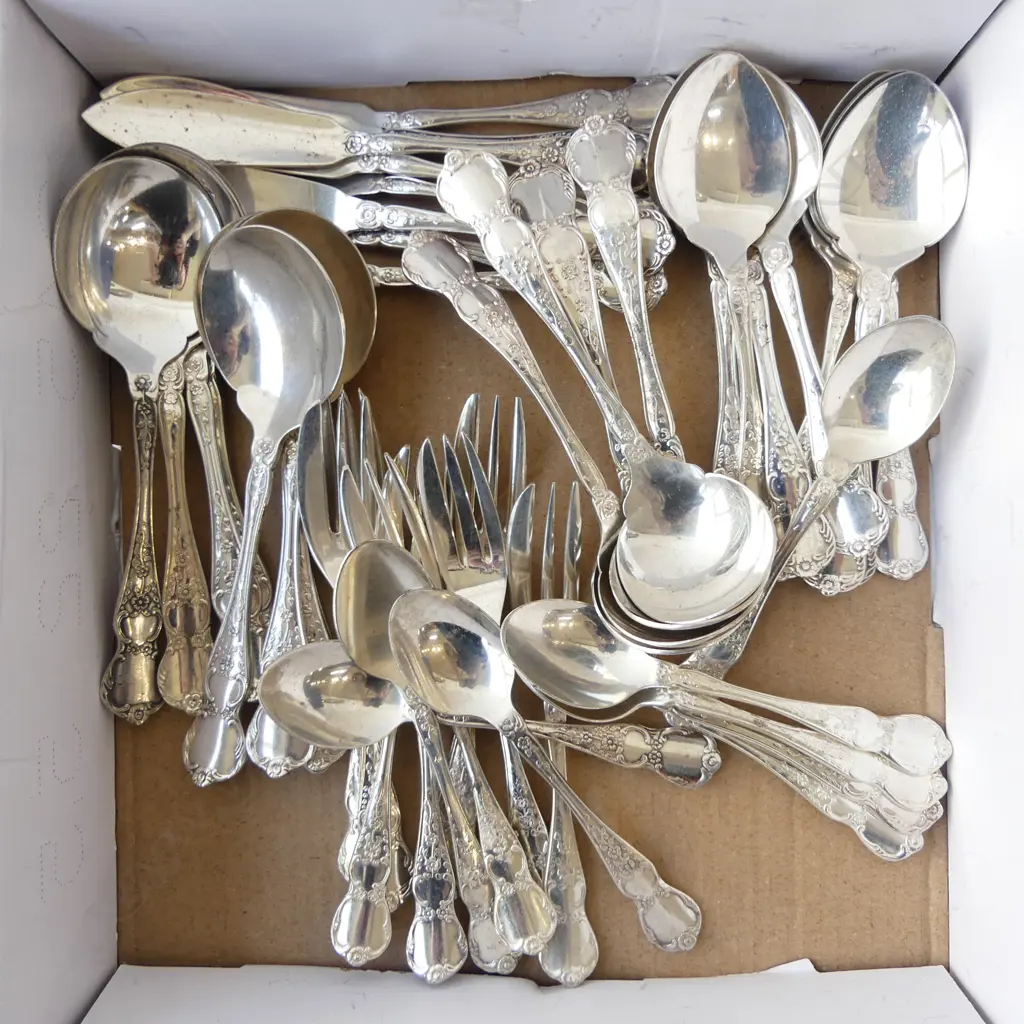 RODD CAMILLE 8 OF EACH: CAKE FORKS, TEASPOONS, SWEET SPOONS, BUTTER KNIVES, CONDIMENT SPOONS, & 4 SMALL LADLES Image 1++