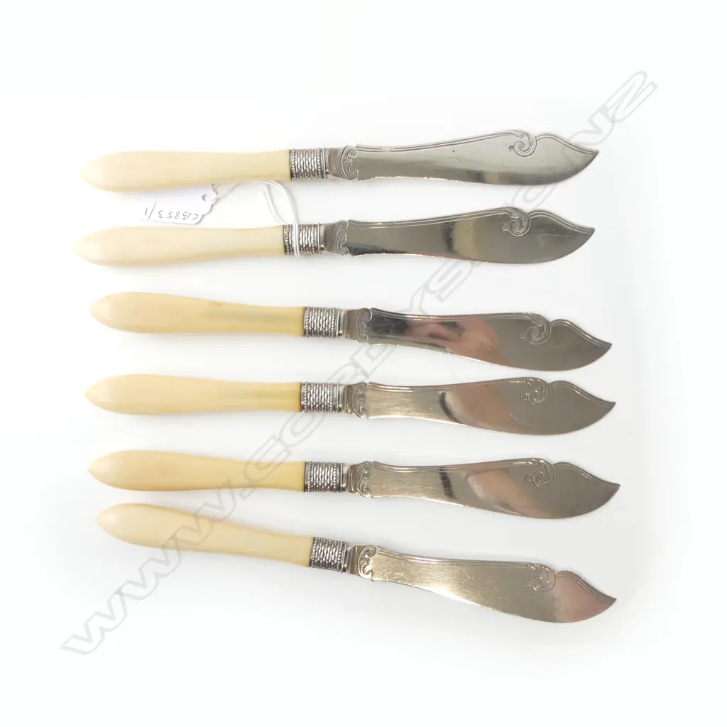 6 STG SILVER AND IVORY KNIVES SHEFFIELD 1867 BLADES HALLMARKED 305 GRMS L. 225 MM Image 1++