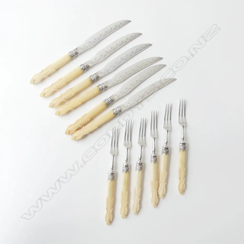 VICTORIAN SOLID STG SILVER & IVORY CUTLERY SET SHEFFIELD 1854, 6 KNIVES & 6 FORKS ALL BLADES/TYNES HALLMARKED, L.215MM, Image 1++
