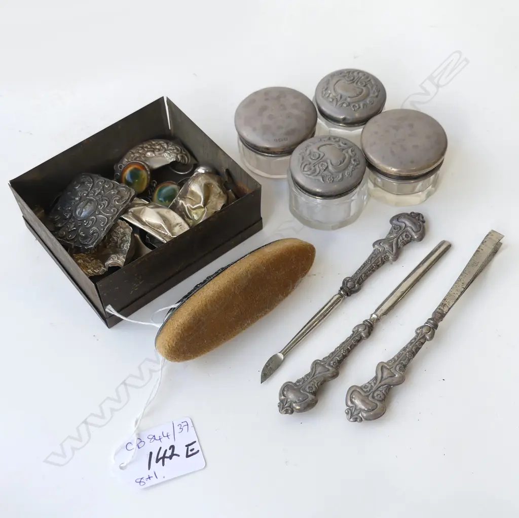 8 PCES STG SILVER; 4 CONTAINERS, NAIL BUFF, 3 TOOLS + SCRAP SILVER Image 1++