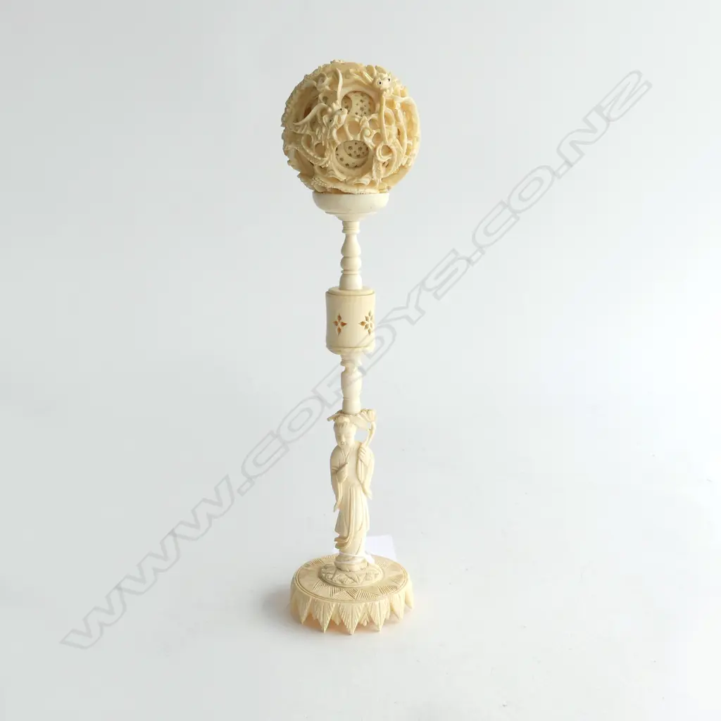 VINTAGE CARVED IVORY PUZZLE BALL ON FIGURED STAND H.270mm minor faults Image 1++