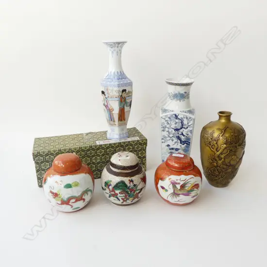 6 ORIENTAL VASES; 3 LIDDED GINGER JARS H.115mm, 3 OTHER (1 BOXED)