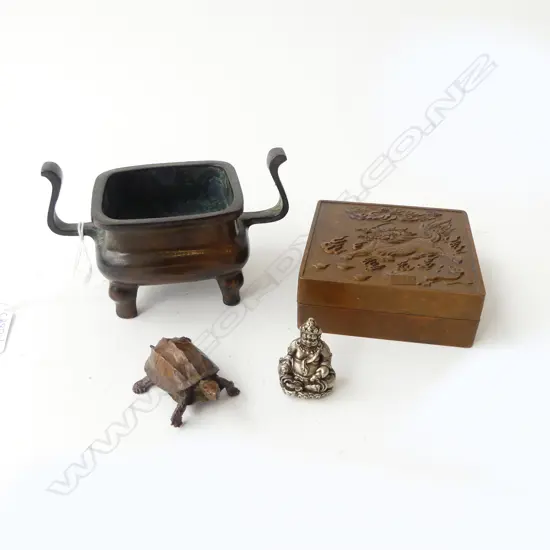4 ORIENTAL METAL PCES; INCENCE BURNER W.115mm, CONTAINER 80x80mm, TURTLE, FIGURE H.35mm