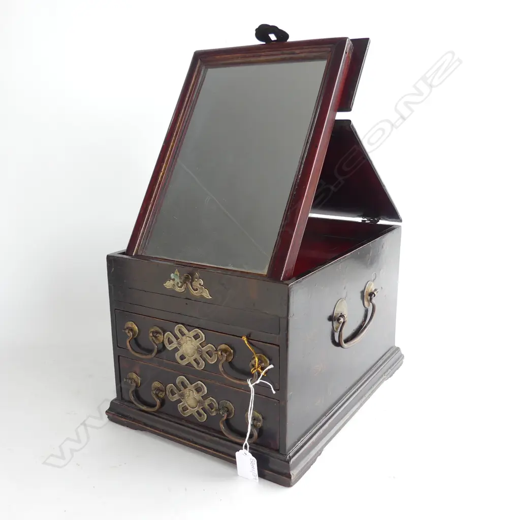 VINTAGE ORIENTAL JEWELLERY BOX (FOLDING MIRROR TOP) 260x340x220mm Image 1++