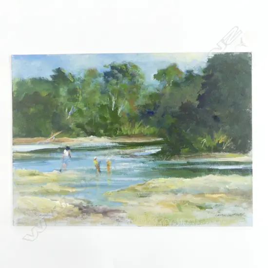 LANCE O'GORMAN ACRYLIC ESTUARY WITH FIGURES signed. 325 x 450mm unframed
